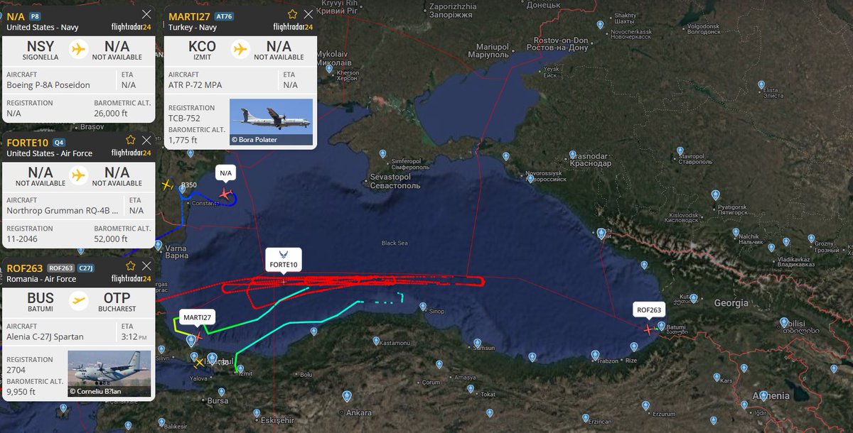 gauravkrdwivedi's tweet image. रूस- यूक्रेन वॉर के बीच Black Sea पर नाटो की गतिविधि बढ़ गई है. इस क्षेत्र में समुद्री गश्ती और परिवहन उड़ानें सक्रिय हैं- 

🇺🇸 अमेरिकी नौसेना P‑8A पोसीडॉन AE67A7
🇺🇸 USAF RQ‑4B ग्लोबल हॉक FORTE10
🇹🇷 तुर्की नौसेना ATR 72‑600 MPA | MARTI27
🇷🇴 रोमानियाई वायु सेना C‑27J स्पार्टन |…