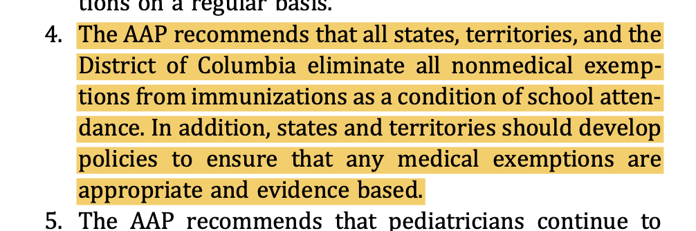 The American Academy of Pediatrics has just published a new policy statement, explicitly endorsing the elimination of all non-medical (including religious or personal belief) vaccine exemptions.

"The AAP recommends that all states, territories, and the District of Columbia