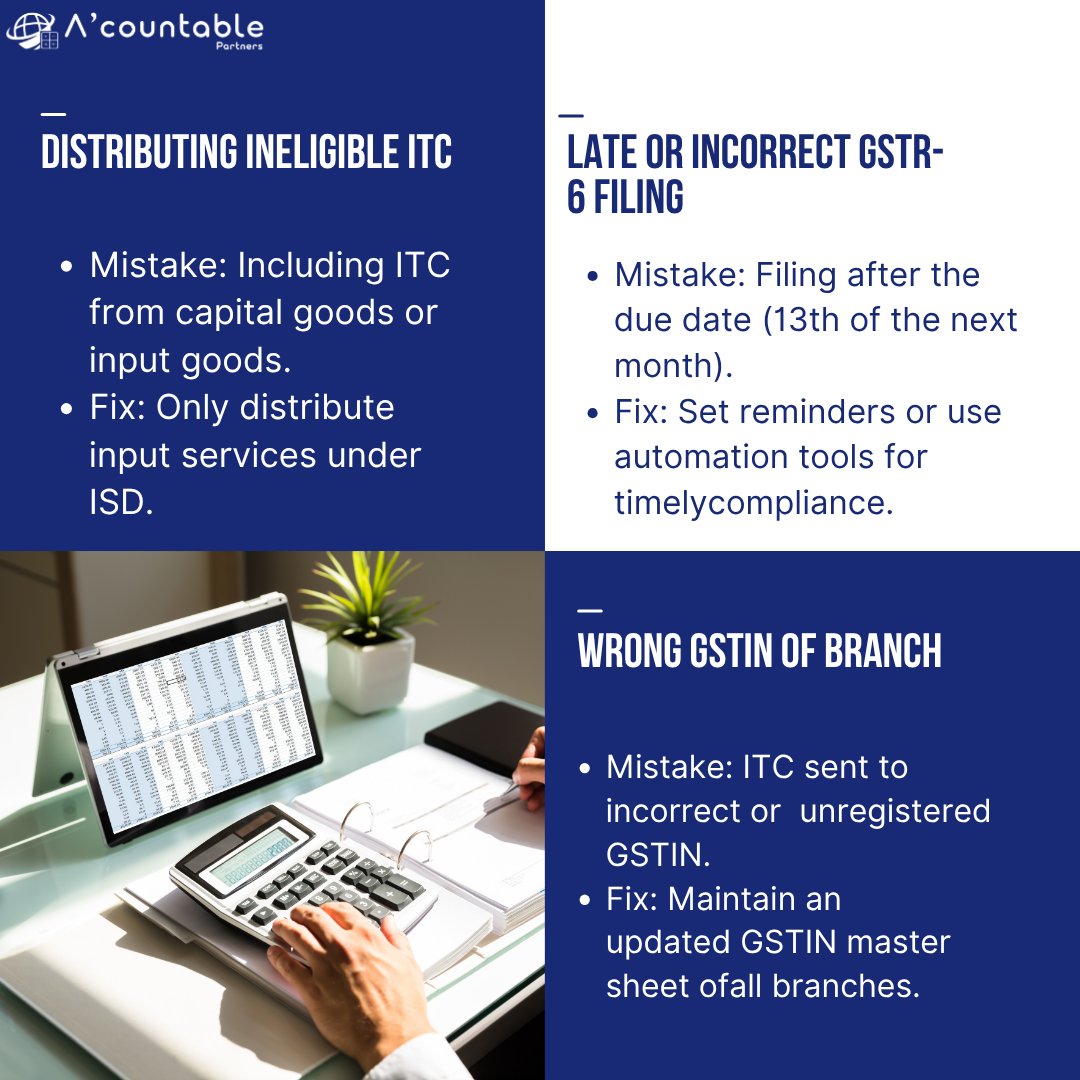 acountablep's tweet photo. Distributing Input Tax Credit (ITC) through ISD?
Even small errors in GST compliance can lead to notices, penalties, or blocked credits.
π¬ Have questions or need expert help with GST or ISD?
π Contact our team β we're here to simplify your compliance journey.
#GSTTips #GSTR6 https://t.co/NOO7N1umGd