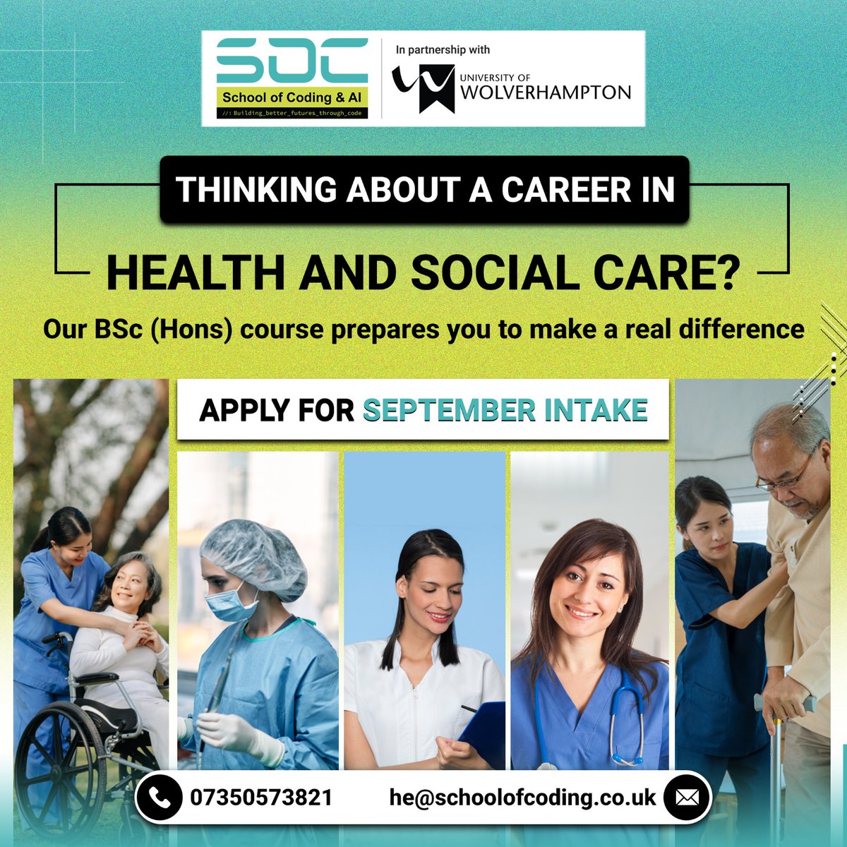 schoolofcoding's tweet image. Are you passionate about making a difference in people’s lives?

📅 Enrolment open for September intake
📞 Get in touch: 07350 573821
📧 Email us: he@schoolofcoding.co.uk

#HealthAndSocialCare #WolverhamptonUniversity #SeptemberIntake