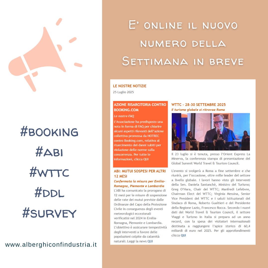 E' online il nuovo numero della Settimana in breve:
Leggi la SIB al seguente link alberghiconfindustria.it/tema/news/noti…
#ABI
#BOOKING
#WTTC
#DDL
#survey