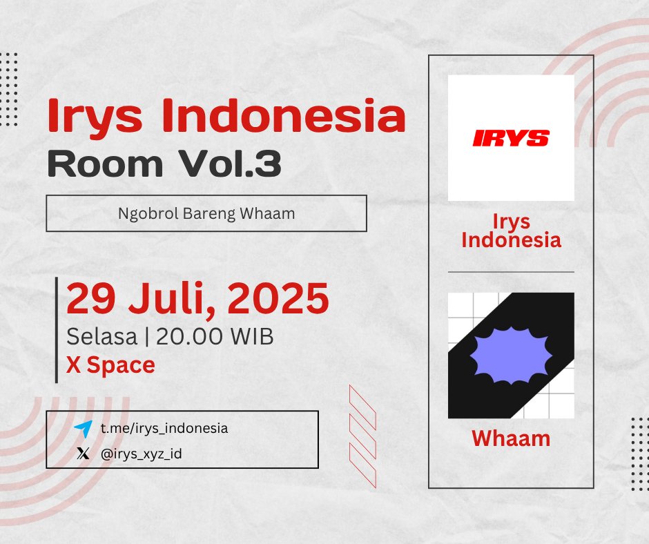 Irys Indonesia (@irys_xyz_id) on Twitter photo 🚨 Irys Indonesia Room Vol.3: Ngobrol bareng <a href="/wha_am/">Whaam (💥,💥)</a>
Komunitas Web3 yang membernya banyak jadi top kontributor di <a href="/irys_xyz/">Irys (✧ᴗ✧)</a>
🗓️ 29 Juli | 20.00 WIB
📍 x.com/i/spaces/1yNGa…
Set reminder dan dengerin cerita menarik dari Whaam. 🚨 Irys Indonesia Room Vol.3: Ngobrol bareng <a href="/wha_am/">Whaam (💥,💥)</a>
Komunitas Web3 yang membernya banyak jadi top kontributor di <a href="/irys_xyz/">Irys (✧ᴗ✧)</a>
🗓️ 29 Juli | 20.00 WIB
📍 x.com/i/spaces/1yNGa…
Set reminder dan dengerin cerita menarik dari Whaam.