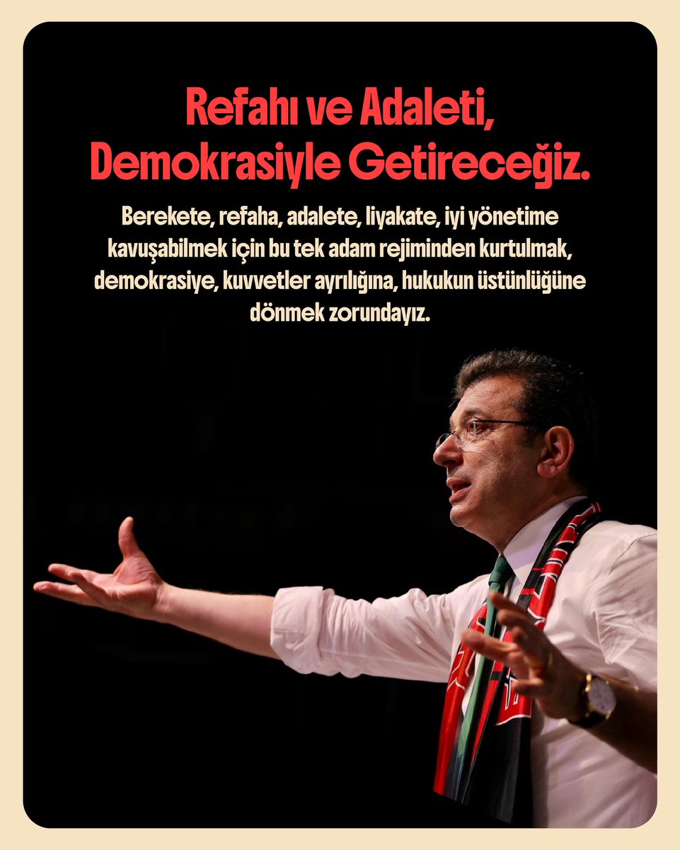 Bu ülkeye refahı ve adaleti, demokrasiyle getireceğiz. 
 
Berekete, refaha, adalete, liyakate, iyi yönetime kavuşabilmek için bu tek adam rejiminden kurtulmak, demokrasiye, kuvvetler ayrılığına, hukukun üstünlüğüne dönmek zorundayız. 

Yazının tamamı;

ekremimamoglu.com/konusmalarim/r…