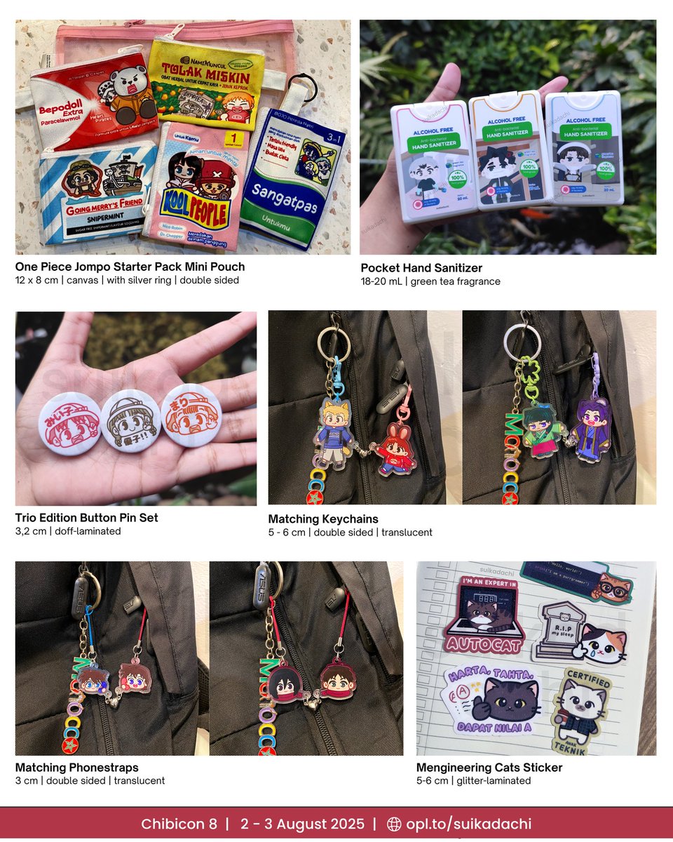 [ 💚🔁 are appreciated! ]

Suikadachi's #chibicon8 OTS catalogue is here!! 💫

📅 : 2 - 3 Aug '25
🏢 : Exhibition Hall SMESCO Jakarta
📍: Booth B1
🍉 : one piece, haikyuu, hai miiko, aot, conan, jinmao, kucing

Happy shopping!! 😽

#chibicon #chibicon8catalogue