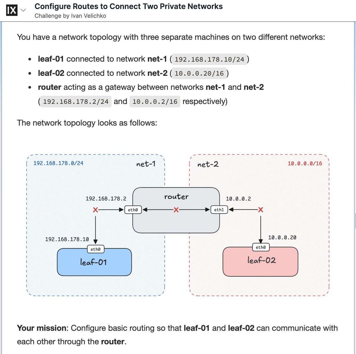 iximiuz's tweet image. Networking 101: How to Configure Routes 🧪
Computer networking is one of my favorite topics - preparing and solving networking challenges is always fun.
Configuring routing is a typical sysadmin task. Solve this simple problem to check your skills labs.iximiuz.com/challenges/net…