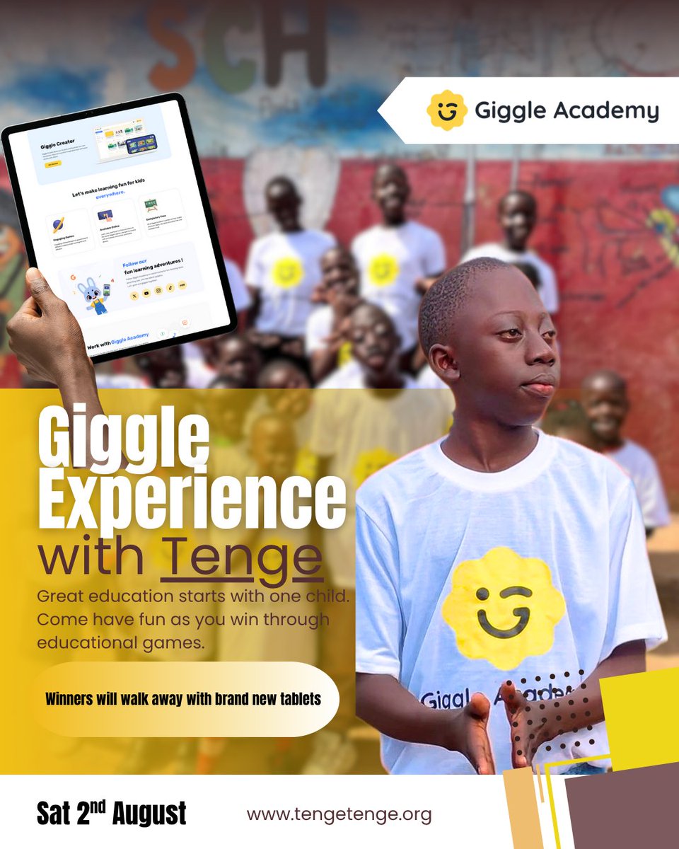 OfficialTenge's tweet image. 📣 On Aug 2nd 2025, Tenge will be at Fan Time Kids Park, Kampala! 🎉
Kids will experience the magic of @GiggleAcademy with fun, games & learning.
Winners take home brand new tablets. @cz_binance built the platform: Tenge is bringing the gadgets.
Let’s GIGGLE! 📚🎁…