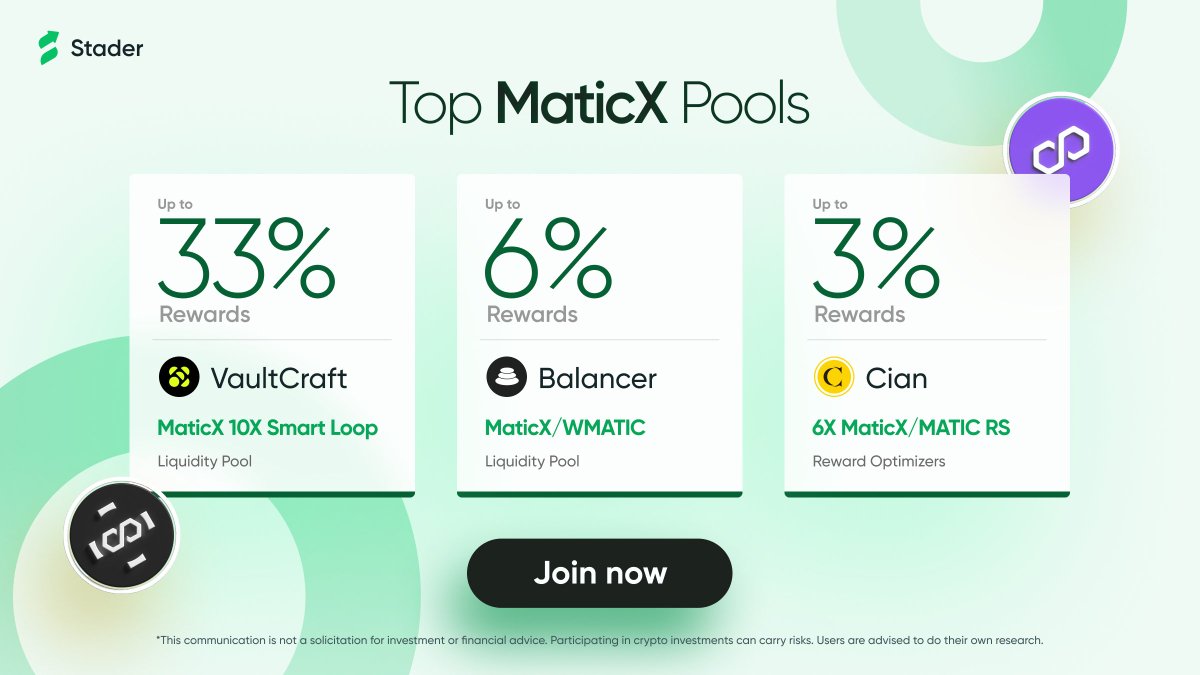 Stader Polygon (@stader_polygon) on Twitter photo Put your $MATIC to work with Stader 🚀
Explore powerful DeFi integrations through these $MaticX pools:
🔹 <a href="/VaultCraft_io/">VaultCraft</a>
🔹 <a href="/Balancer/">Balancer</a>
🔹 <a href="/CIAN_protocol/">CIAN - Yield Layer of DeFi 🟡</a>
Mint $MaticX and activate your DeFi strategy today.
🔗 staderlabs.com/polygon/stake Put your $MATIC to work with Stader 🚀
Explore powerful DeFi integrations through these $MaticX pools:
🔹 <a href="/VaultCraft_io/">VaultCraft</a>
🔹 <a href="/Balancer/">Balancer</a>
🔹 <a href="/CIAN_protocol/">CIAN - Yield Layer of DeFi 🟡</a>
Mint $MaticX and activate your DeFi strategy today.
🔗 staderlabs.com/polygon/stake