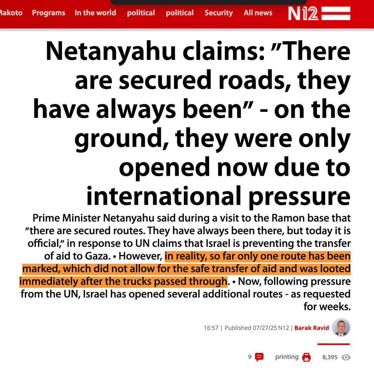 🚨In Hebrew, Israeli media admits Netanyahu is LYING about the UN being to blame for famine in Gaza

IDF has been forcing aid trucks to take an unsafe route known as the "looting valley" where Israel's proxy gangs would loot the overwhelming majority of aid under IDF protection!