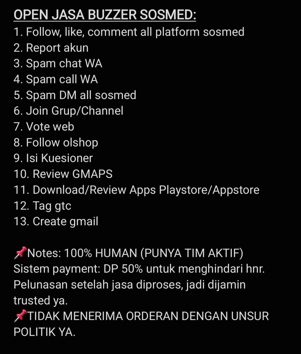 kthyyn's tweet image. aku open jasa buzzer sosmed nih. yg need jasa spam/call wa, review gmaps, review apk, follikom sosmed, dll. bisa order di aku ya, dijamin 100% trusted. yang mau nanya-nanya boleh dm aku atau langsung meluncur ke wa ku yaw
wa.me/083833304420

#zonauang
#zonajajan
#jasabuzzer