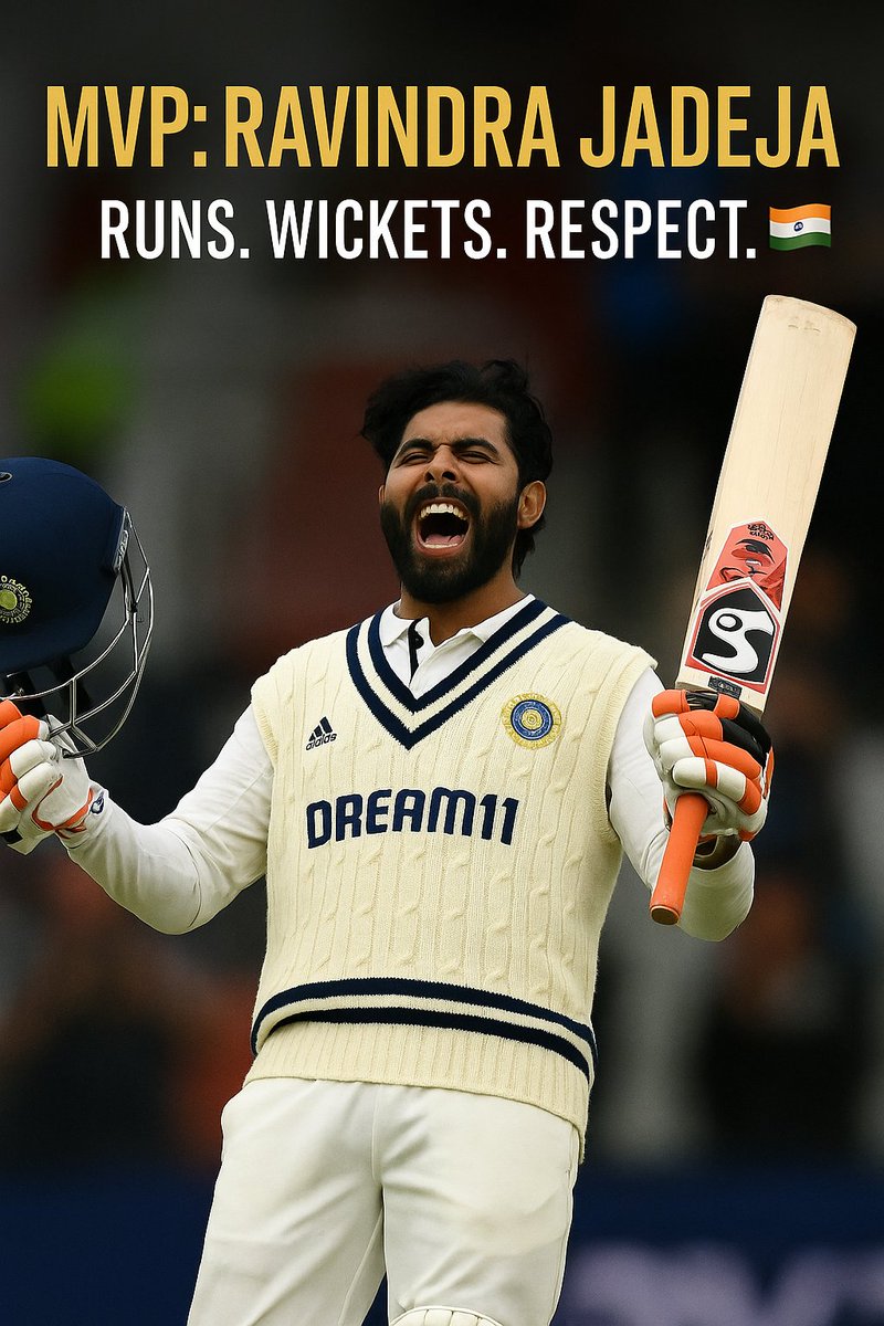 🛡️ SIR JADEJA — The Series' Soul. ❤️

#Shubman ruled the charts.
#Bumrah owned the spells.
But one man did everything — #Jadeja.

💥 454 runs | Avg 113.50
🎯 7 wickets
⚔️ First Indian to smash 2 Test tons in England at No.6
Breakthroughs. 

Match-turners. Match-saver.
India’s MVP