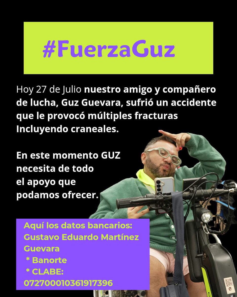 ¡Apoyemos a Guz Guevara!

La tarde de hoy, nuestro amigo y compañero de lucha, Guz Guevara, sufrió un accidente que le provocó múltiples fracturas, incluyendo craneales. En este momento Guz necesita todo el apoyo que podamos ofrecer.

¡Fuerza Guz!"Cada contribución cuenta. 🧵1/3