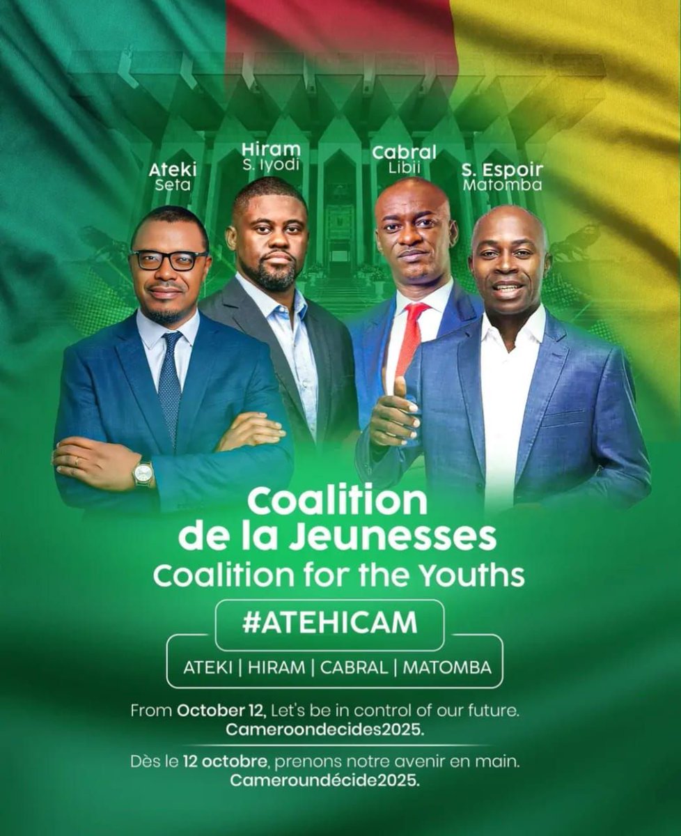 MimiMefoInfo's tweet image. “Four dynamic leaders — Ateki Seta, Hiram S. Iyodi, Cabral Libii, and S. Espoir Matomba — are urged to come together  under the Coalition de la Jeunesse (Coalition for the Youths) with a bold vision for a new Cameroon. Together, they form #ATEHICAM, a powerful alliance to reclaim…