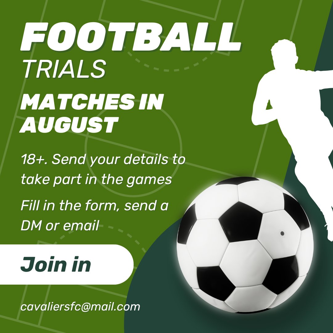 Cavaliers FC (@cavaliers_f_c) on Twitter photo We're holding trial games in August. If you want to play in the games and try out for the team send us your details via this form - tally.so/r/mDd8Xp - or email/DM.
All reposts/tweets appreciated.
<a href="/FreeAgentsFC/">Free Agent Showcase</a> <a href="/NonLeagueGuys/">The Non League Promoters</a> <a href="/Player1stUK/">Players 1st UK</a> <a href="/tonyssoccer/">TONY’S SOCCER SCHOOL</a> <a href="/purelyplayers/">Purely Players - 🏴 #FFFUK</a> We're holding trial games in August. If you want to play in the games and try out for the team send us your details via this form - tally.so/r/mDd8Xp - or email/DM.
All reposts/tweets appreciated.
<a href="/FreeAgentsFC/">Free Agent Showcase</a> <a href="/NonLeagueGuys/">The Non League Promoters</a> <a href="/Player1stUK/">Players 1st UK</a> <a href="/tonyssoccer/">TONY’S SOCCER SCHOOL</a> <a href="/purelyplayers/">Purely Players - 🏴 #FFFUK</a>