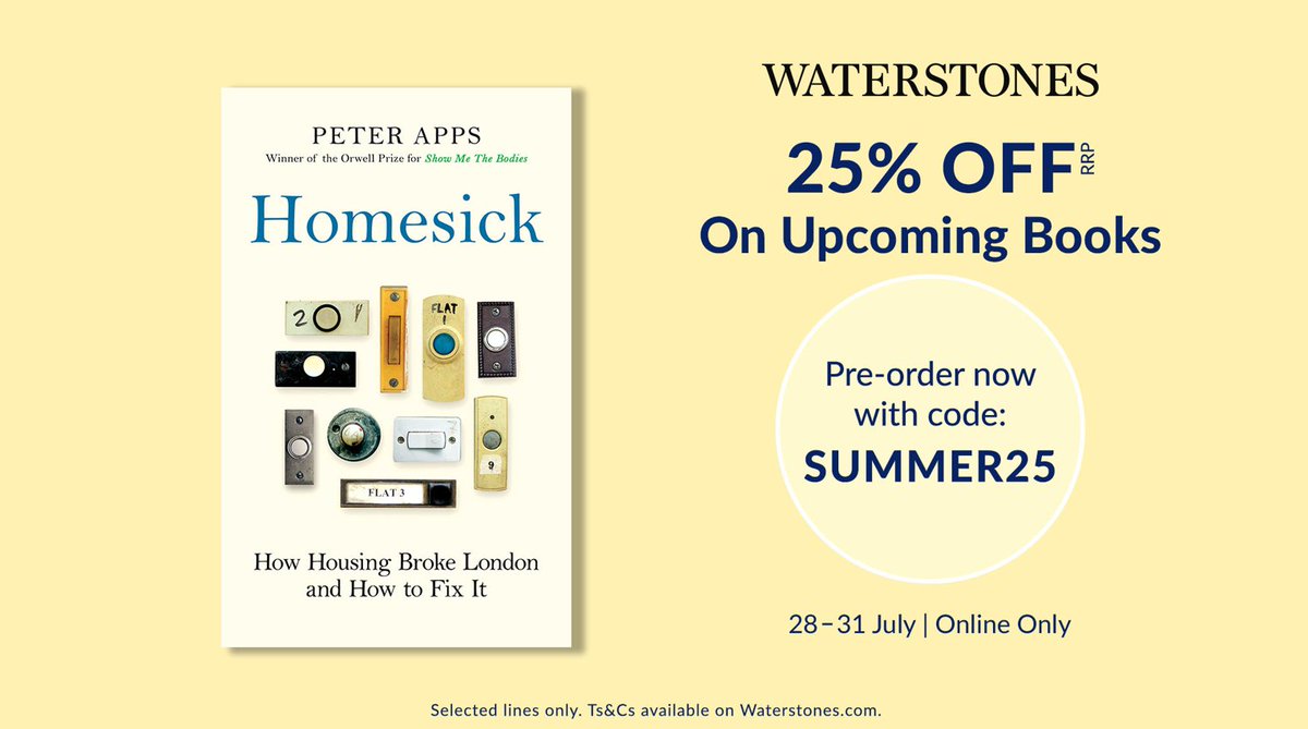 My new book, which tracks the impact the housing crisis has had on London since the 1980s and where the city is going in the future, is out on September 25. You can get 25% off if you pre-order with Waterstones here:

waterstones.com/book/homesick/…