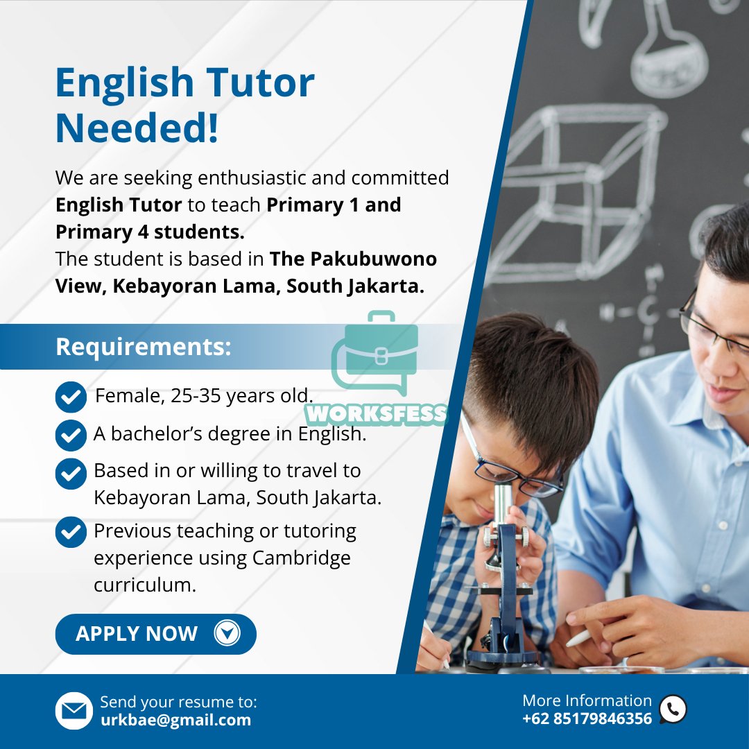worksfess's tweet image. Work! Hi, guys. Ada loker nih. I need a private tutor for English nih. Rumahnya di Kebayoran Lama, Jaksel ya. Buat yang minat atau ada kenalan, atau mau nanya2 boleh hubungi nomer WA tertera ya~
