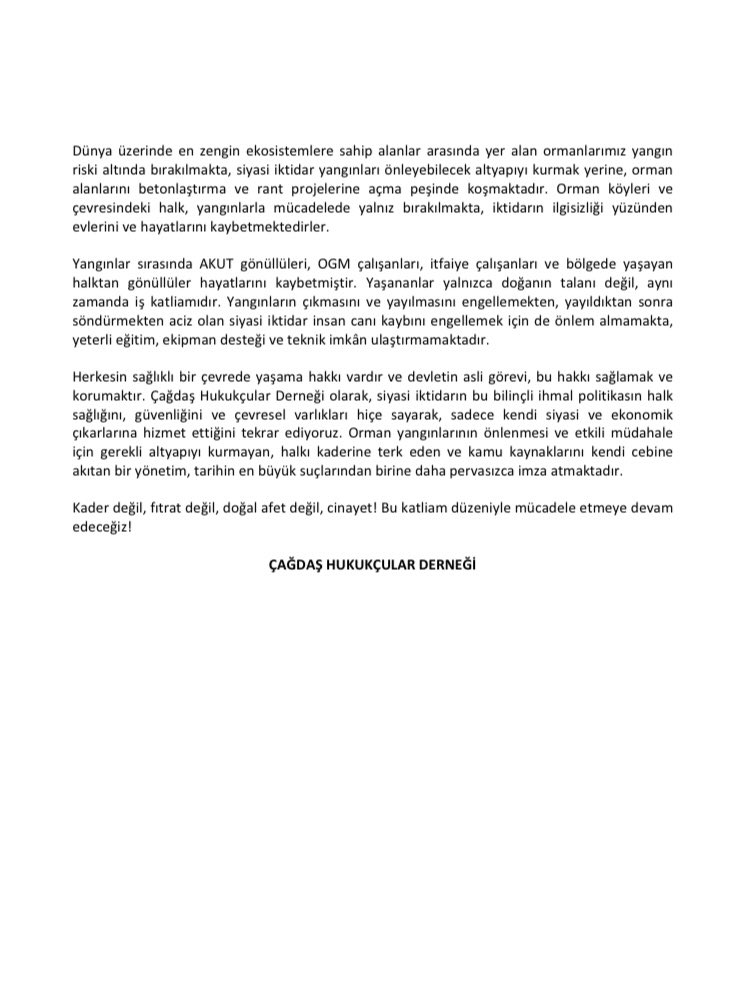 chdgenelm's tweet image. Yanan orman arazilerinin hızla imara açılması ya da yangınların maden ocağı açılması ya da otel yapılması planlan bölgelerde çıkması bize bu yangınların beklenen, umulan, üzerine planlar kurulan "felaketler" olduğunu göstermektedir.
Kader değil, doğal afet değil, cinayet!
