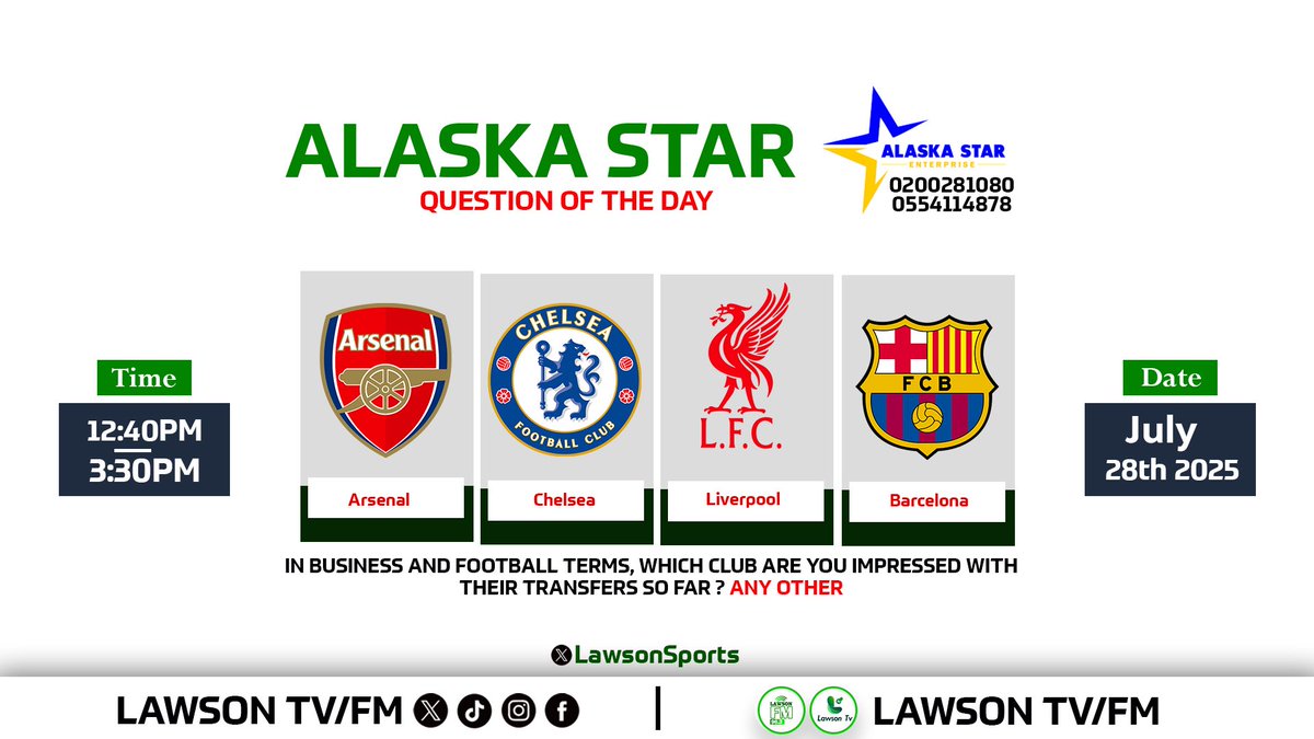 LAWSONSPORTS_'s tweet image. QUESTION OF THE DAY!!
IN BUSINESS AND FOOTBALL TERMS, WHICH CLUB ARE YOU IMPRESSED WITH THEIR TRANSFERS SO FAR?🤔
A. ARSENAL
B. CHELSEA
C. LIVERPOOL
D. BARCELONA
🗣️ANY OTHER?👤
COMMENT WITH THE HASHTAG #LawsonSports FOR VALIDITY.🔥🔥🔥