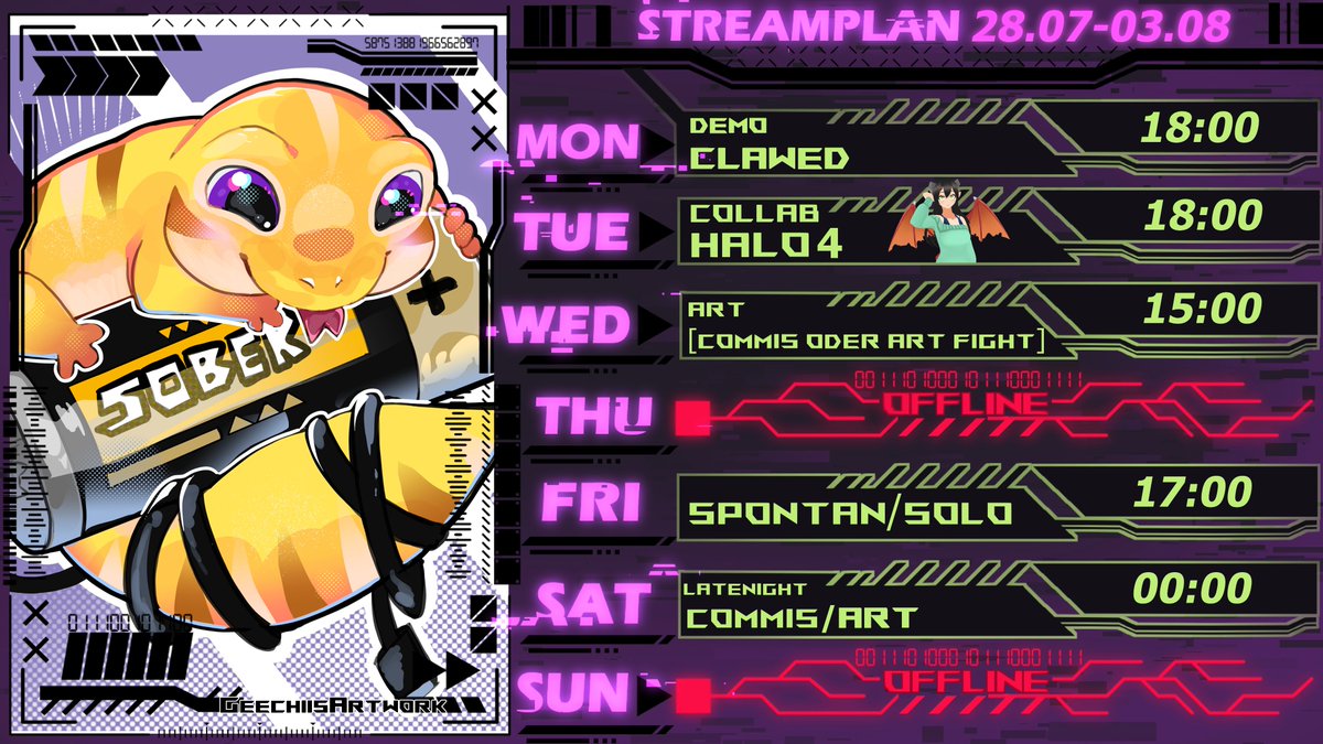 Ezekiel_VT's tweet image. ⚠️STREAMPLAN 21.07.-27.07⚠️
▪️MON: Clawed Demo (danach vllt Kunst)
▪️Di: Halo 4 mit @/RikasaLp
▪️Kunst und quatschen
▪️FR: Spontaner solo Stream (vllt das Crimescene Cleaner update)
▪️SA: Latenight Kunst
🎨: @/GeechiisArtwork