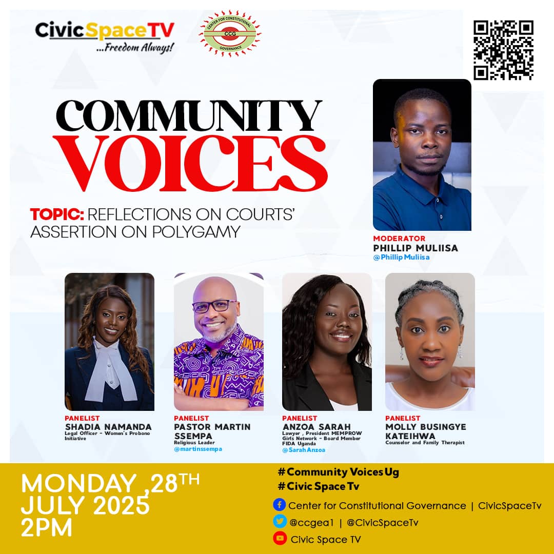 okadapausimon's tweet image. Happening now on #CommunityShowUG is a conversation on the Court's assertion on polygamy.
#CivicSpaceTV
@ccgea1
@KatibaMuseum
Showing on youtu.be/LoJUIazrT9w?si…