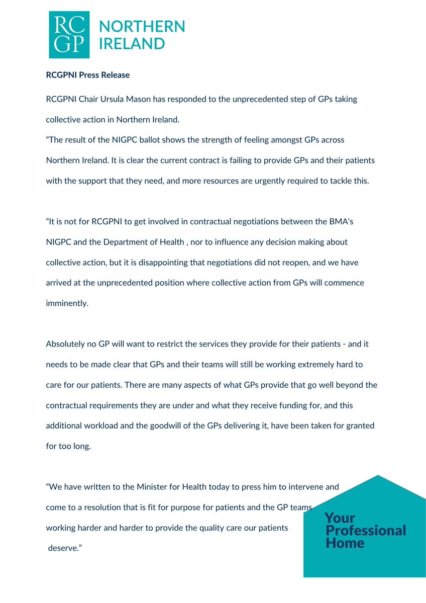 RCGPNI statement on GP collective action.