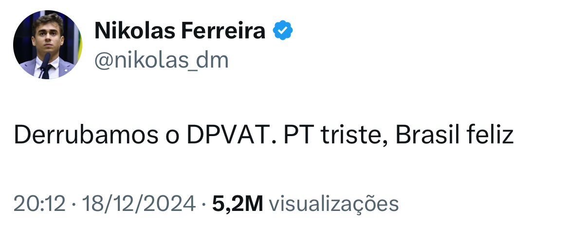 Brasil Feliz pagando 580 milhões de despesas pelo Sus, porque o imbecil do Nikolas não sabia que o DPVAT não é sobre o PT, era apenas um seguro que desde 1974 indenizava vítimas de acidentes terrestres, minimizando danos.
É esse tipo de parlamentar lacrador que o Brasil quer??