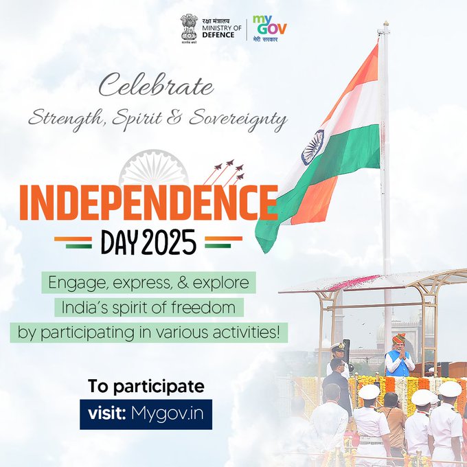 MyGovIndia (@mygovindia) on Twitter photo This #IndependenceDay2025, let your creativity roar!
Paint it, write it, speak it; tell the world what freedom means to you!
šmygov.in/campaigns/indeā¦
#ExpressBharat #AzadiKaUtsav
<a href="/SpokespersonMoD/">Ministry of Defence, Government of India</a> This #IndependenceDay2025, let your creativity roar!
Paint it, write it, speak it; tell the world what freedom means to you!
šmygov.in/campaigns/indeā¦
#ExpressBharat #AzadiKaUtsav
<a href="/SpokespersonMoD/">Ministry of Defence, Government of India</a>