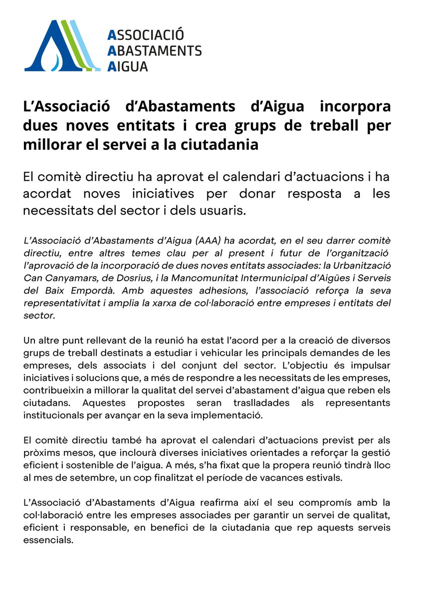 🤝L’Associació d’Abastaments d’Aigua incorpora dues noves entitats i crea grups de treball per millorar el servei a la ciutadania

El comitè directiu ha aprovat el calendari d’actuacions i ha acordat noves iniciatives per donar resposta a les necessitats del sector i dels usuaris