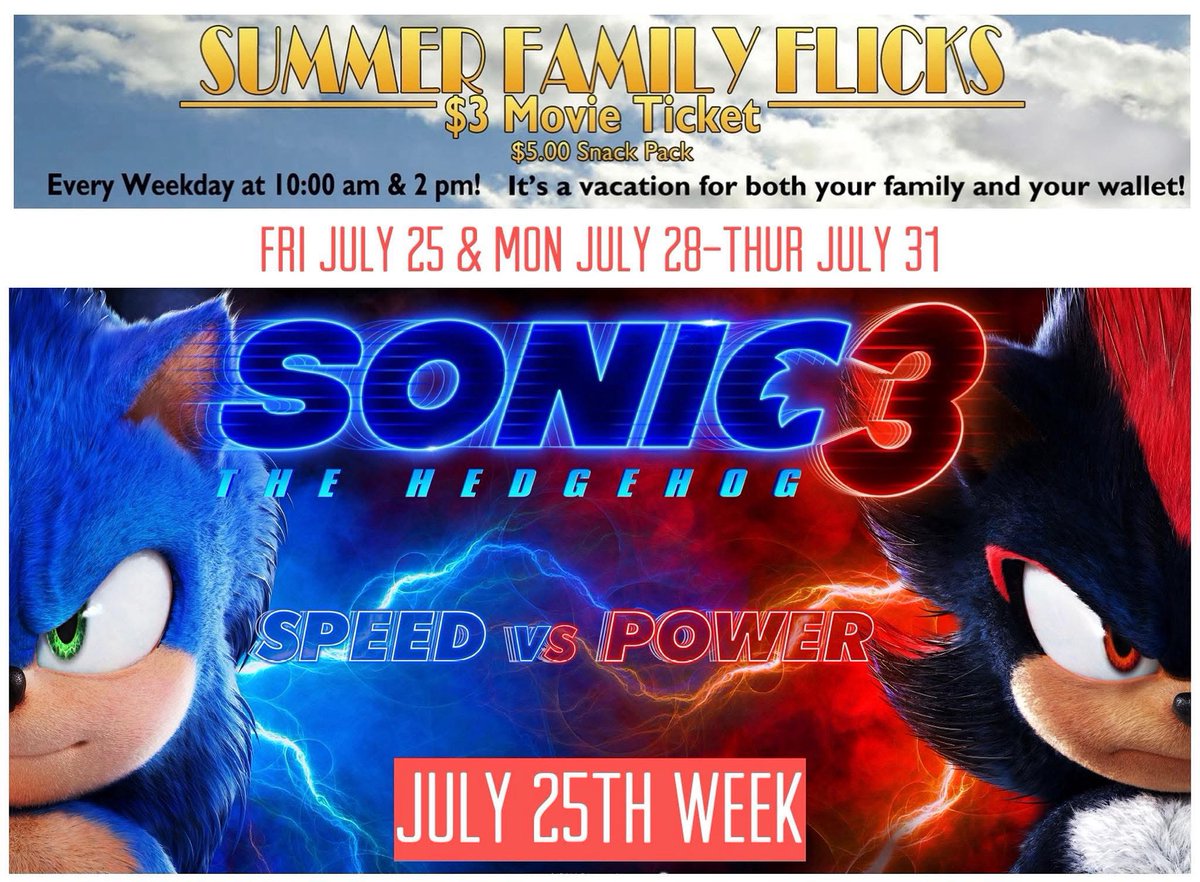 AuroraCineplex's tweet image. $3.00 SUMMER FAMILY FLICKS — 

SONIC THE HEDGEHOG 3 ( PG) 
Mon July 28 through Thur July 31st
10am &amp;amp; 2pm this week!

TICKETS—fandango.com/aurora-cineple…

linktr.ee/auroracineplex

#sonicthehedgehog
  #MovieDeal #MovieDiscount #KidMovies #FamilyFilms #AuroraCineplex #Area51