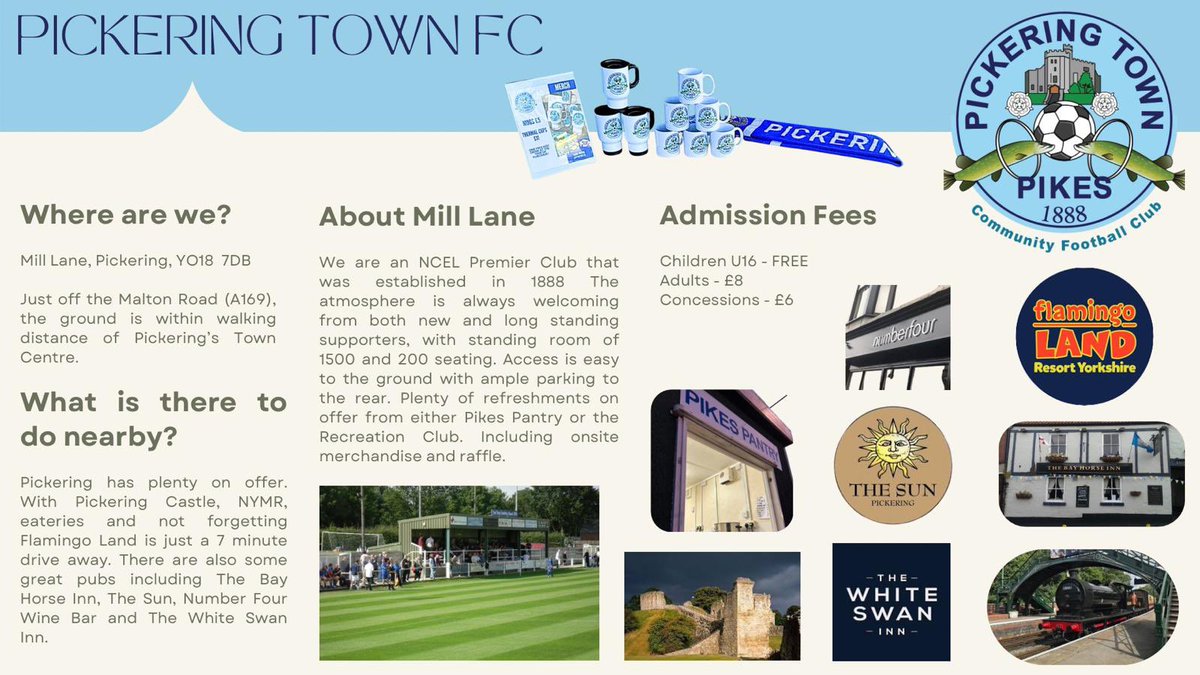 Pickering Town FC (@pickeringtownfc) on Twitter photo VISITING FANS | ๐
Ahead of our first home game on Friday, as we host <a href="/penrith_afc/">Penrith_AFC</a> in the <a href="/EmiratesFACup/">Emirates FA Cup</a>.
Here is a guide for fans visiting Pickering.
We welcome both new & existing supporters on match-days. Also welcoming supporters from visiting teams <a href="/NCEL/">Macron NCEL</a>
#UpThePikes ๐ VISITING FANS | ๐
Ahead of our first home game on Friday, as we host <a href="/penrith_afc/">Penrith_AFC</a> in the <a href="/EmiratesFACup/">Emirates FA Cup</a>.
Here is a guide for fans visiting Pickering.
We welcome both new & existing supporters on match-days. Also welcoming supporters from visiting teams <a href="/NCEL/">Macron NCEL</a>
#UpThePikes ๐