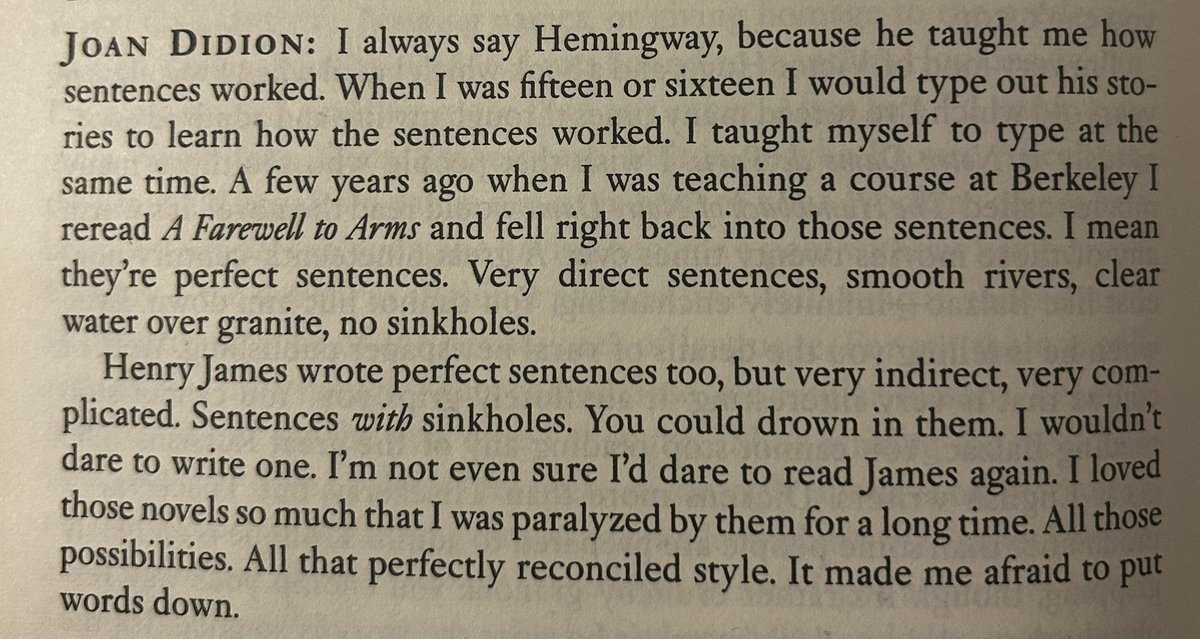 EleventhVolume's tweet image. Joan Didion on her differing affection for the styles of Hemingway and James.