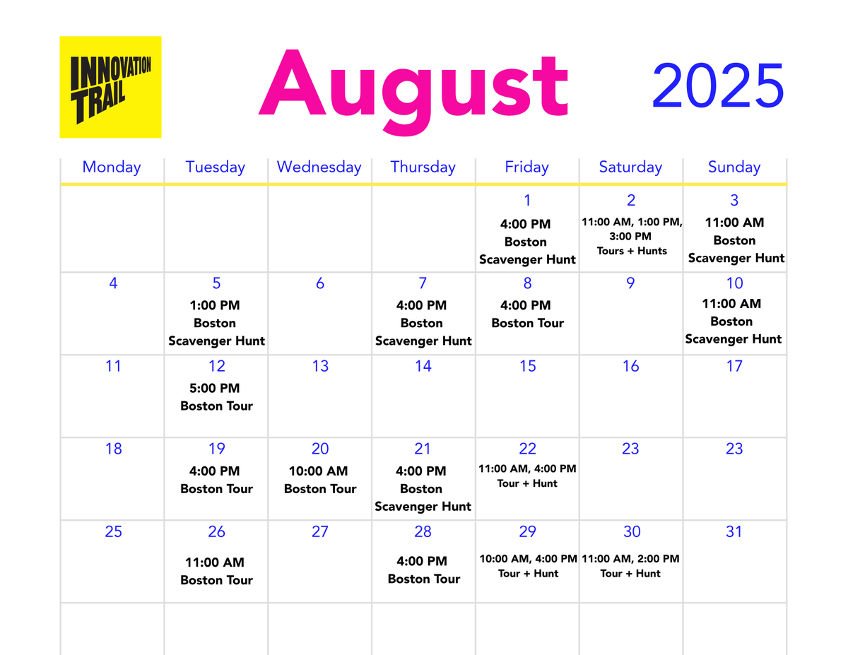 Tours ... scavenger hunts ... more tours! If you've got out of town guests, or want to organize a hassle-free company event outdoors, we've got you covered in July + August. 

All these start near Park Street, and run for 60-90 mins.

theinnovationtrail.org/take-a-tour

cc <a href="/dtownboston/">Downtown Boston</a>