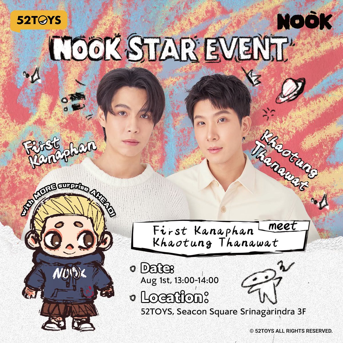 FirstKhao_Trend's tweet image. ‼️ 52TOYS Seacon Square GRAND OPENING DAY ‼️

🧡🤍 Meet First Kanaphan &amp;amp; Khaotung Thanawat ✨️

⏰️ 1 AUG , 11:00-12:00  (Queue starts at 10:30)
📍52 TOYS, Seacon Square Srinagarindra 3F 

for more information : facebook.com/share/p/15PntP…