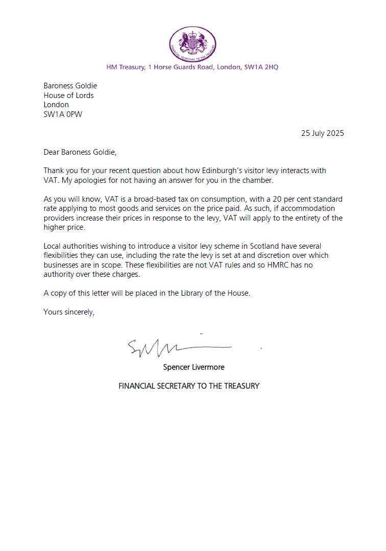 Jeremy Balfour MSP (@jeremyrbalfour) on Twitter photo Have to say this is a very disappointing attitude from the UK Government. Charging VAT on the Visitor Levy makes no sense, and further punishes the already struggling self catering industry.
<a href="/Edinburgh_CC/">The City of Edinburgh Council</a> must pause the scheme until this is resolved.
<a href="/FionaCampbell74/">Fiona Campbell</a> Have to say this is a very disappointing attitude from the UK Government. Charging VAT on the Visitor Levy makes no sense, and further punishes the already struggling self catering industry.
<a href="/Edinburgh_CC/">The City of Edinburgh Council</a> must pause the scheme until this is resolved.
<a href="/FionaCampbell74/">Fiona Campbell</a>