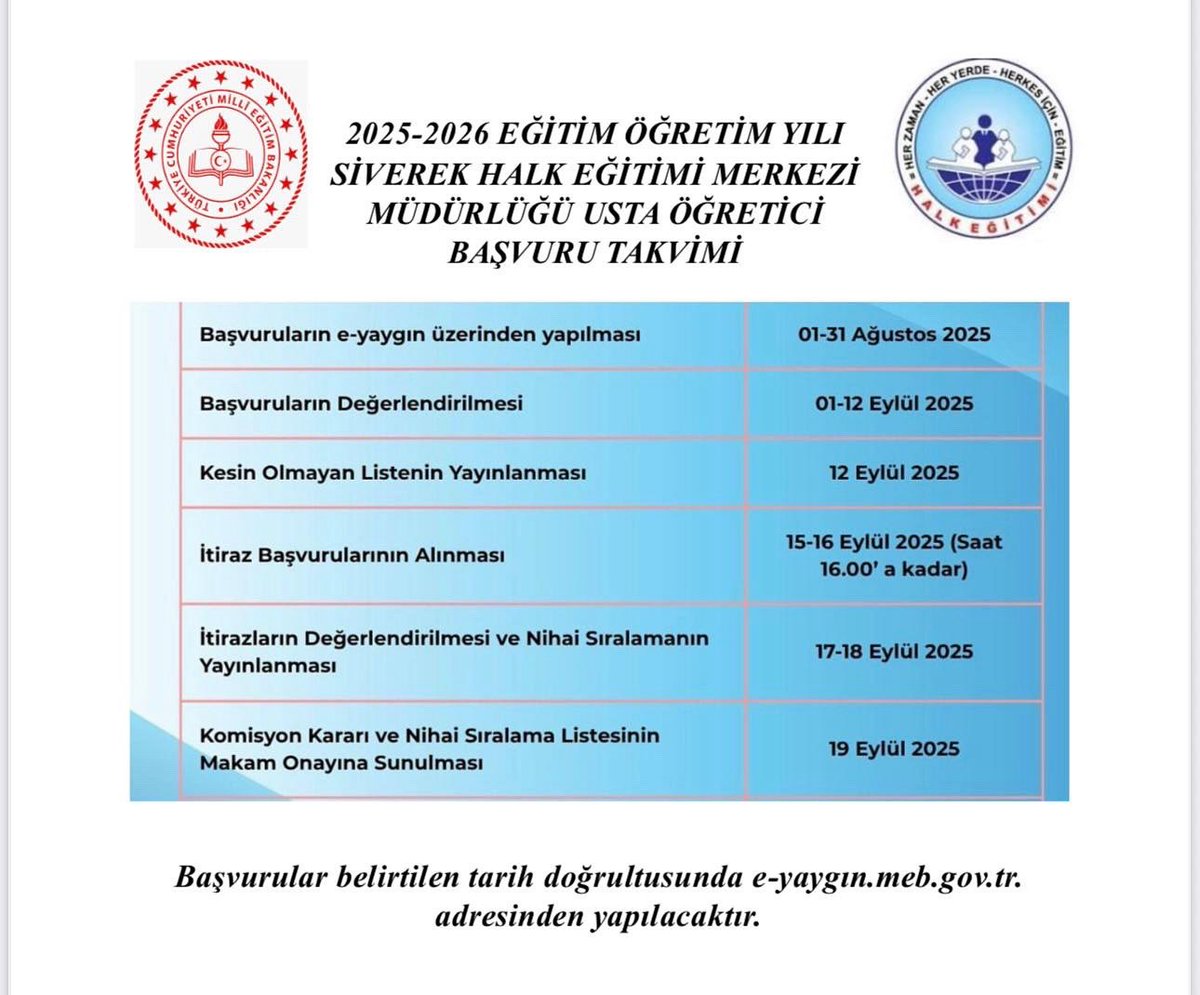 Siverek Halk Eğitimi Merkezi (@siverekhalk) on Twitter photo 2025-2026 Eğitim Öğretim Yılı Siverek Halk Eğitimi Merkezi Müdürlüğü Usta Öğretici Başvuru Takvimi 📅📢
<a href="/tcmeb/">Millî Eğitim Bakanlığı</a> <a href="/ibrahimbaykan63/">İbrahim Baykan</a> <a href="/mebhbogm/">MEB Hayat Boyu Öğrenme Genel Müdürlüğü</a> <a href="/ASultanoglu63/">Asım SULTANOĞLU</a> <a href="/nilgunmujdeci/">Nilgün MÜJDECİ</a> <a href="/hasansildak/">Hasan ŞILDAK</a> <a href="/n_kapanoglu/">n_kapanoglu</a> <a href="/siverekmem63/">Siverek İlçe MEM</a> <a href="/sanliurfammem63/">Şanlıurfa İl Milli Eğitim Müdürlüğü</a> <a href="/siverekkaymakam/">SİVEREK KAYMAKAMLIĞI</a> 2025-2026 Eğitim Öğretim Yılı Siverek Halk Eğitimi Merkezi Müdürlüğü Usta Öğretici Başvuru Takvimi 📅📢
<a href="/tcmeb/">Millî Eğitim Bakanlığı</a> <a href="/ibrahimbaykan63/">İbrahim Baykan</a> <a href="/mebhbogm/">MEB Hayat Boyu Öğrenme Genel Müdürlüğü</a> <a href="/ASultanoglu63/">Asım SULTANOĞLU</a> <a href="/nilgunmujdeci/">Nilgün MÜJDECİ</a> <a href="/hasansildak/">Hasan ŞILDAK</a> <a href="/n_kapanoglu/">n_kapanoglu</a> <a href="/siverekmem63/">Siverek İlçe MEM</a> <a href="/sanliurfammem63/">Şanlıurfa İl Milli Eğitim Müdürlüğü</a> <a href="/siverekkaymakam/">SİVEREK KAYMAKAMLIĞI</a>