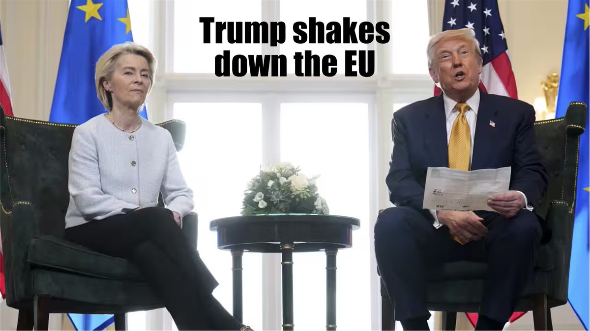 What happened yesterday at the greatest golf course in the Milky Way galaxy was a rough (and well deserved) shakedown of the EU. Ursula clearly didn't get her customary cut of the greatest deal ever.
Trump shakes down the EU open.substack.com/pub/trendcompa…