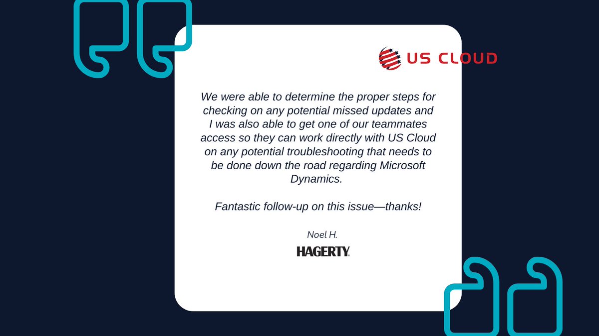Fast call. Fast fix. Full confidence.

When this client needed help with Microsoft Dynamics, #USCloud delivered clarity and a smooth handoff—without any delays.

Your Microsoft support can be better. Read more from clients who already know: ow.ly/LfG950WuNpv
