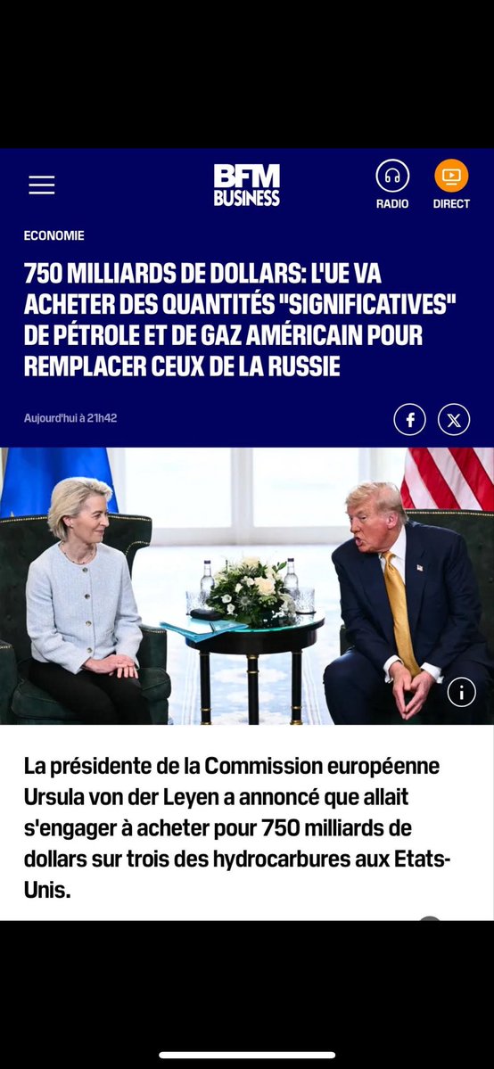 PatChampagnac's tweet image. Von der Leyen a capitulé en rase campagne face a Trump .
Ce n'est pas un accord c'est un pur racket .
Non content d'être contraint de lui acheter , armes et énergie , on se prend des droits de douane de 15% sur nos exportations aux USA . Et ce sans la moindre replique , ni la…