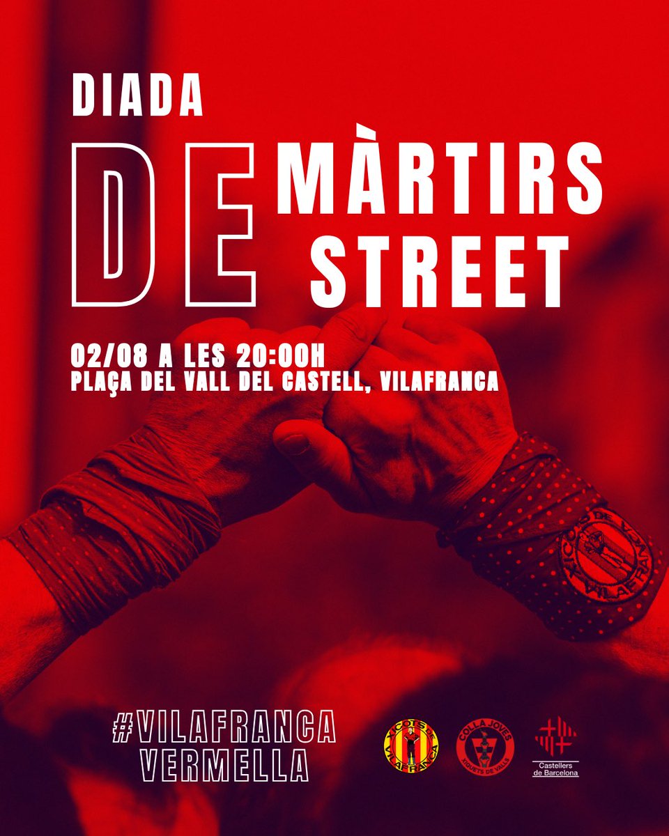 𝐃𝐈𝐀𝐃𝐀 𝐃𝐄 𝐌À𝐑𝐓𝐈𝐑𝐒 𝐒𝐓𝐑𝐄𝐄𝐓

Aquest dissabte arriba la Diada de Màrtirs Street. Hem treballat molt i ara ha arribat l’hora de recollir-ne els fruits! 

Enguany, tenyirem la plaça i el Vall del Castell de vermell i, aquest dissabte,  serà #VILAFRANCAVERMELLA ❤️❤️❤️