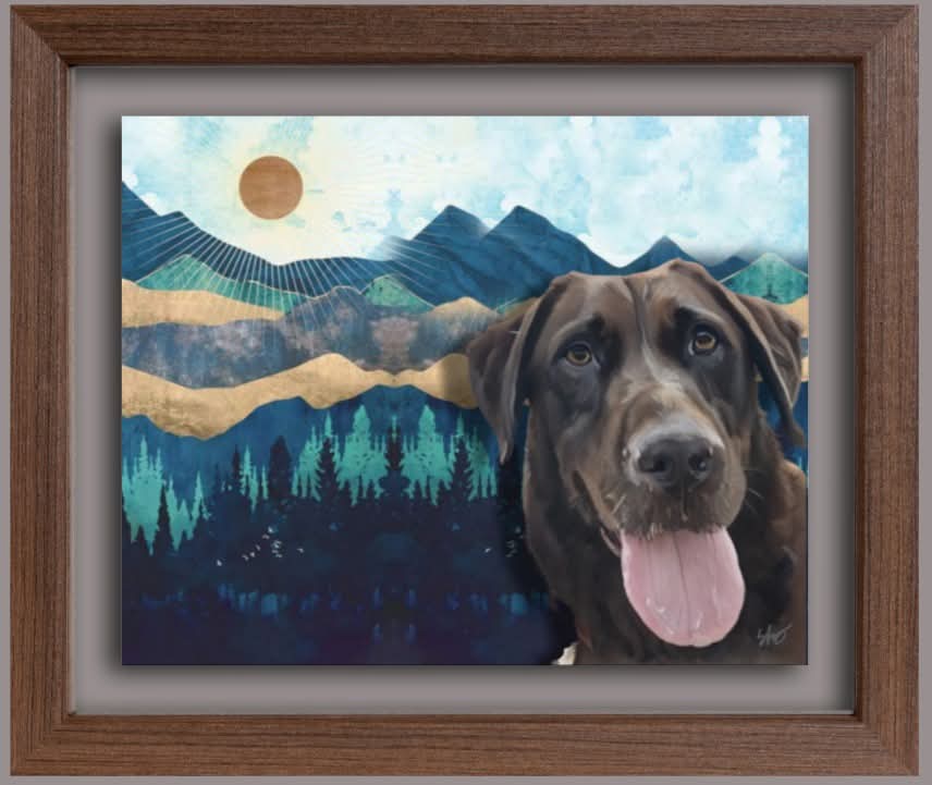 Finished Pet Portrait commission I created.  This commission was created in memory of Dally, to be given to her family in Colorado. I can customize any pet portrait in a style and color scheme for you.  Check out my custom art site: facebook.com/artworkbyfrey