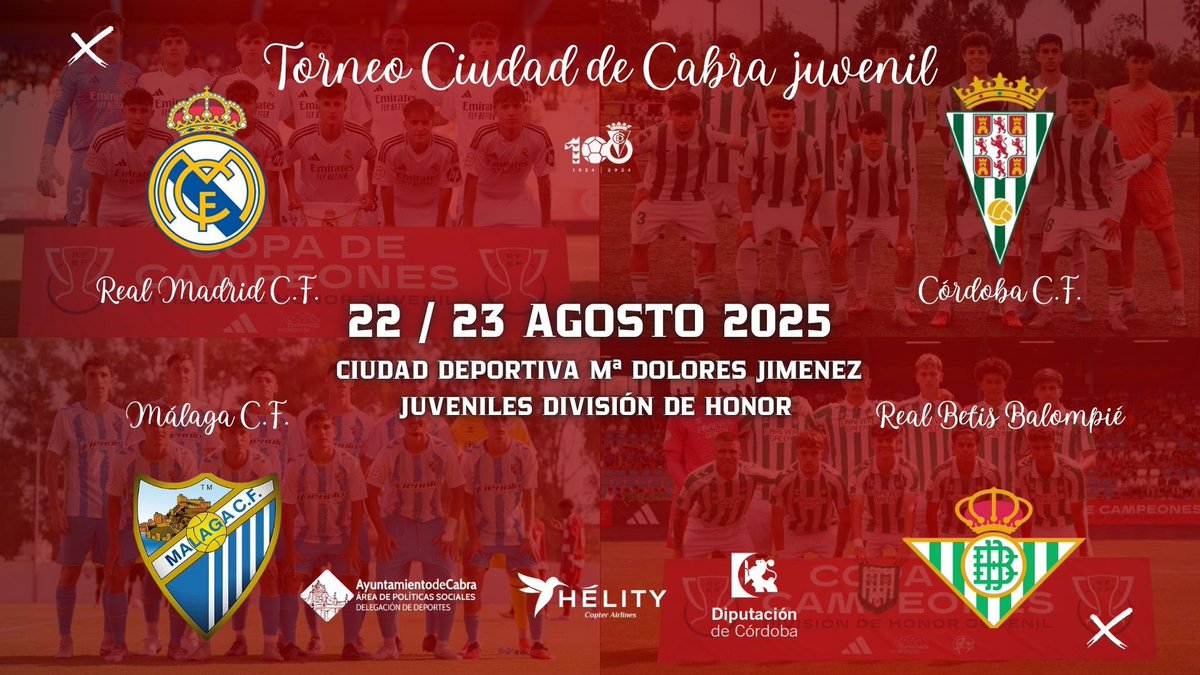 HÉLITY C.D. EGABRENSE (@degabrense) on Twitter photo TORNEO “CIUDAD DE CABRA” JUVENIL
⚽️ Categoría: Juvenil División de Honor
🤩 <a href="/lafabricacrm/">Cantera Real Madrid</a> & <a href="/RBetisCantera/">Real Betis Cantera</a> & <a href="/Cantera_CCF/">𝙲𝚊𝚗𝚝𝚎𝚛𝚊 Córdoba CF</a> & <a href="/MalagaCF/">Málaga CF</a>
📅 22 y 23 agosto de 2025
🔜 Próximamente anunciaremos precios y horarios de los partidos TORNEO “CIUDAD DE CABRA” JUVENIL
⚽️ Categoría: Juvenil División de Honor
🤩 <a href="/lafabricacrm/">Cantera Real Madrid</a> & <a href="/RBetisCantera/">Real Betis Cantera</a> & <a href="/Cantera_CCF/">𝙲𝚊𝚗𝚝𝚎𝚛𝚊 Córdoba CF</a> & <a href="/MalagaCF/">Málaga CF</a>
📅 22 y 23 agosto de 2025
🔜 Próximamente anunciaremos precios y horarios de los partidos