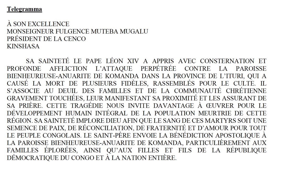 matteomatzuzzi's tweet image. Telegramma del Papa per la strage di cristiani in Congo:

&quot;Il sangue di questi martiri sia un seme di pace, riconciliazione, fraternità e amore per tutto il popolo congolese&quot;