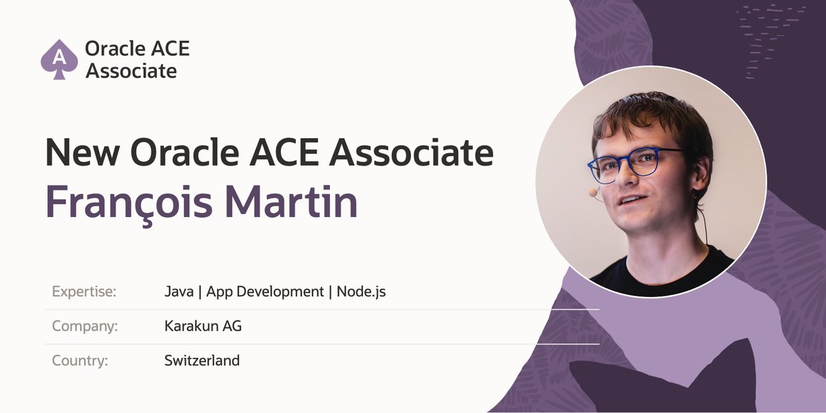 Oracle ACE Program (@oracleace) on Twitter photo 🙏 Join us in celebrating François Martin, the latest ACE Associate representing Switzerland and a leader in Java and App development. So glad to have you with us, <a href="/fmartin_/">François Martin</a>! 🎈
social.ora.cl/6017fJBmF
#OracleACE 🙏 Join us in celebrating François Martin, the latest ACE Associate representing Switzerland and a leader in Java and App development. So glad to have you with us, <a href="/fmartin_/">François Martin</a>! 🎈
social.ora.cl/6017fJBmF
#OracleACE