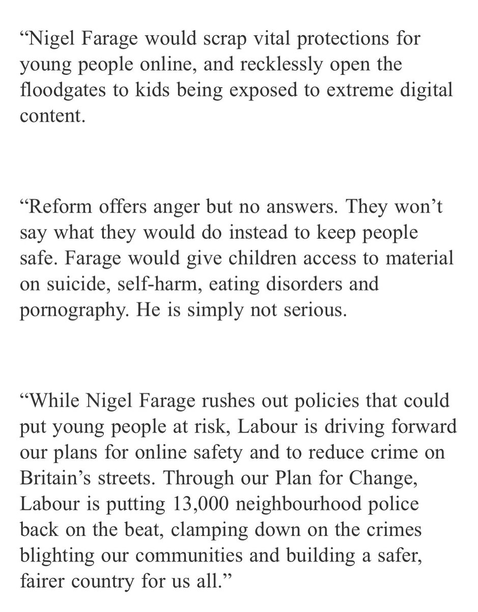 Josh_Self_'s tweet image. Labour Party spokesperson responds to Nigel Farage confirming he would scrap the Online Safety Act: