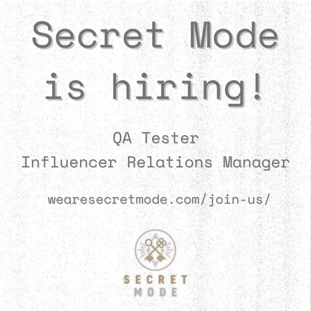 WeAreSecretMode's tweet image. Secret Mode is hiring!

We&apos;re on the hunt for a QA Tester and an Influencer Relations Manager to join the team and help us build to become the best indie games publisher in the business.

For more details and to apply, head to wearesecretmode.com/join-us/