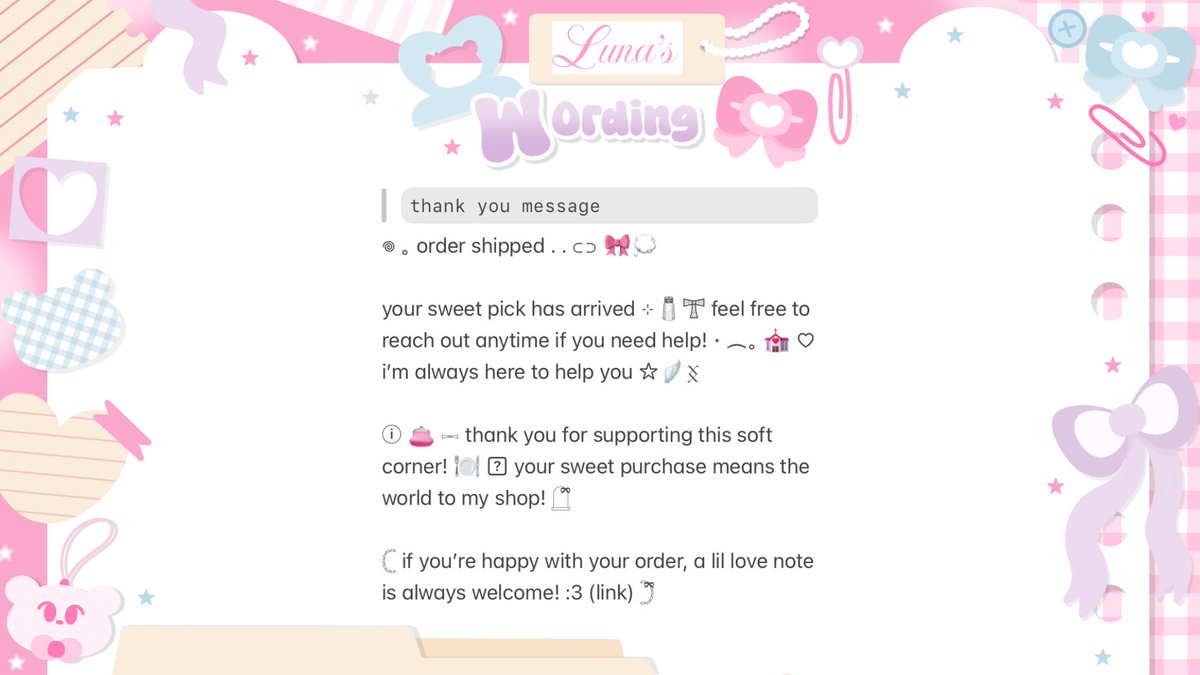 sereenitte's tweet image. help repost please? thank u :3 

+ ࣪ ︵ ♡ hi sweetie! wanna sprinkle your profile with cuteness? .. 🎀 2 ready stock wording bundle just arrived 💒🪽𓂋 kindly look the ALT for the prices! 💭 𓉸ྀི don’t let them wait too long 𓂅 🧂Ꮺ

#zonauang #zonajajan