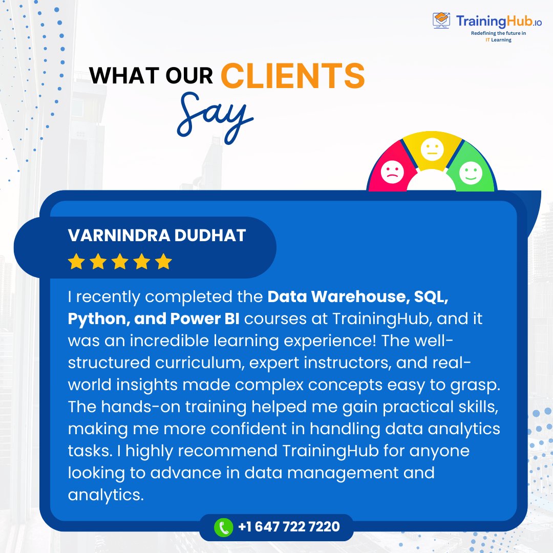 TrainingHubCAN's tweet image. 🗣️ What Our Clients Say – Varnindra Dudhat
TrainingHub’s courses in Data Warehouse, SQL, Python, and Power BI were a game-changer!
#DataAnalytics #PythonTraining #SQLSkills #PowerBI #BusinessIntelligence #TechCareers #UpskillToday #ITcourses #ITtrainingincanada #TrainingHub