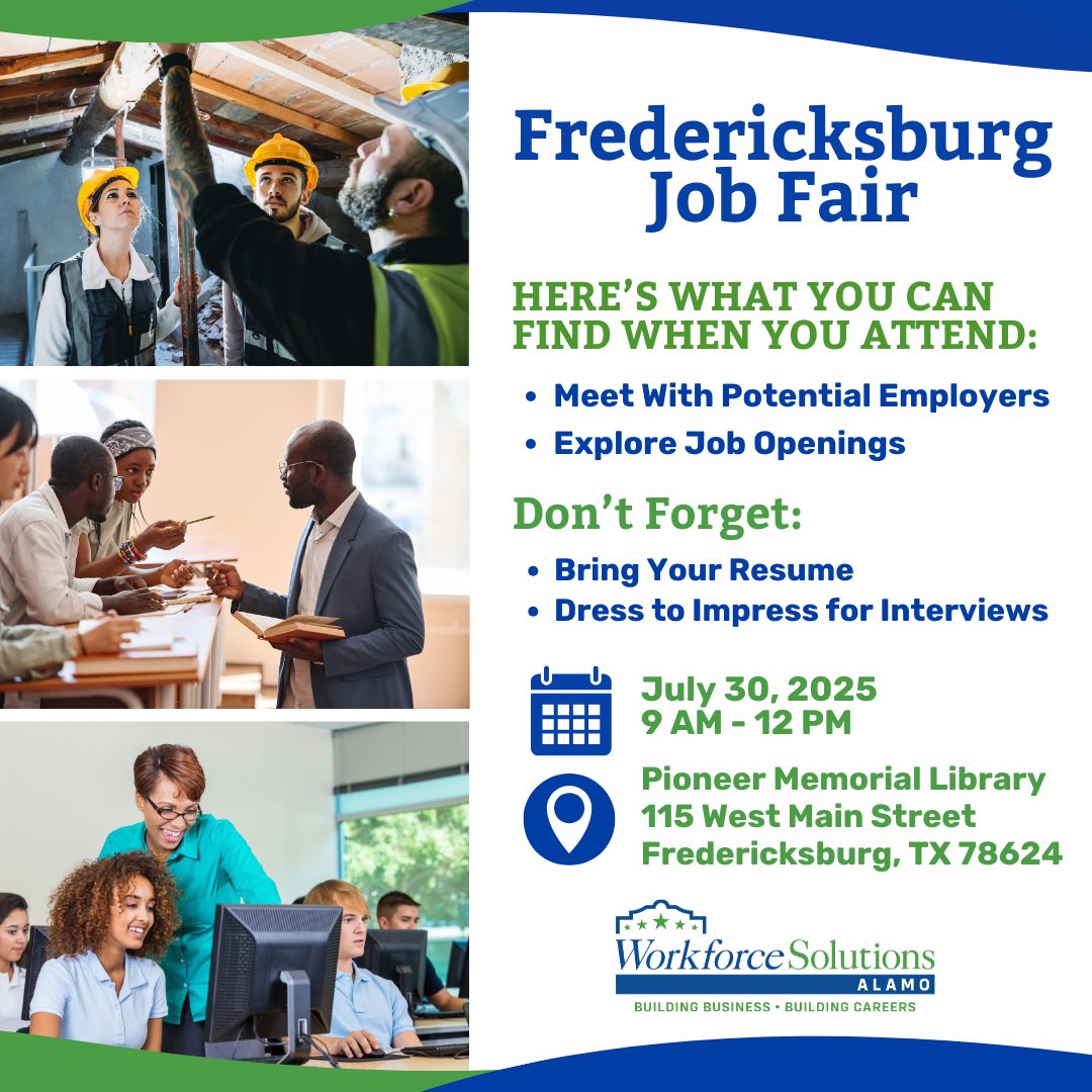 New job opportunities await at the Fredericksburg Job Fair! 

📅 July 30, 9:00 AM – 12:00 PM
 📍 Pioneer Memorial Library 115 W. Main Street, Fredericksburg, TX 78624

Register:eventbrite.com/e/fredericksbu…

#WorkforceSolutionsAlamo #JobFair #NowHiring