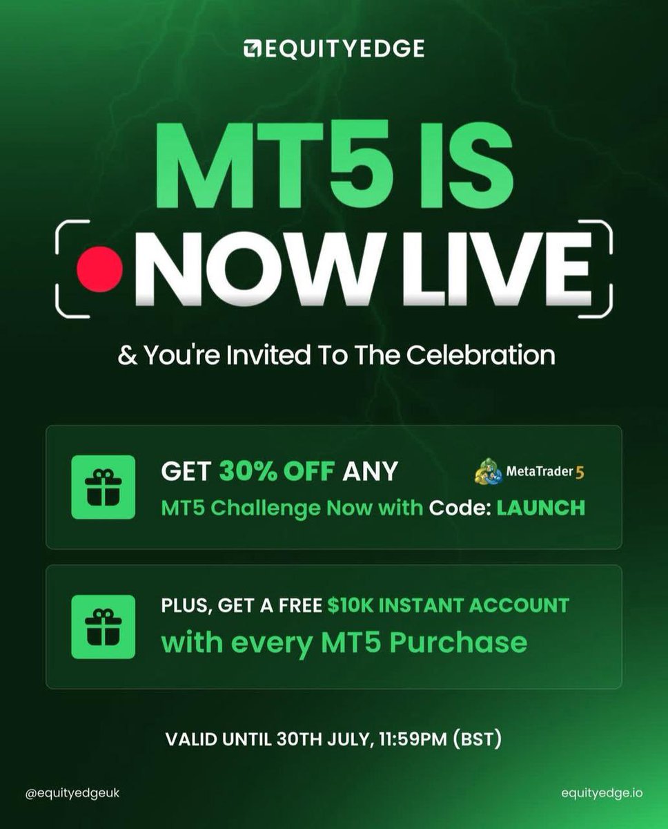TraderX (@mz9th) on Twitter photo “MT5 is LIVE — get a FREE $10K Instant Funding + 30% OFF 🔥 Use code: LAUNCH” <a href="/EquityEdgeUK/">Equity Edge</a> “MT5 is LIVE — get a FREE $10K Instant Funding + 30% OFF 🔥 Use code: LAUNCH” <a href="/EquityEdgeUK/">Equity Edge</a>
