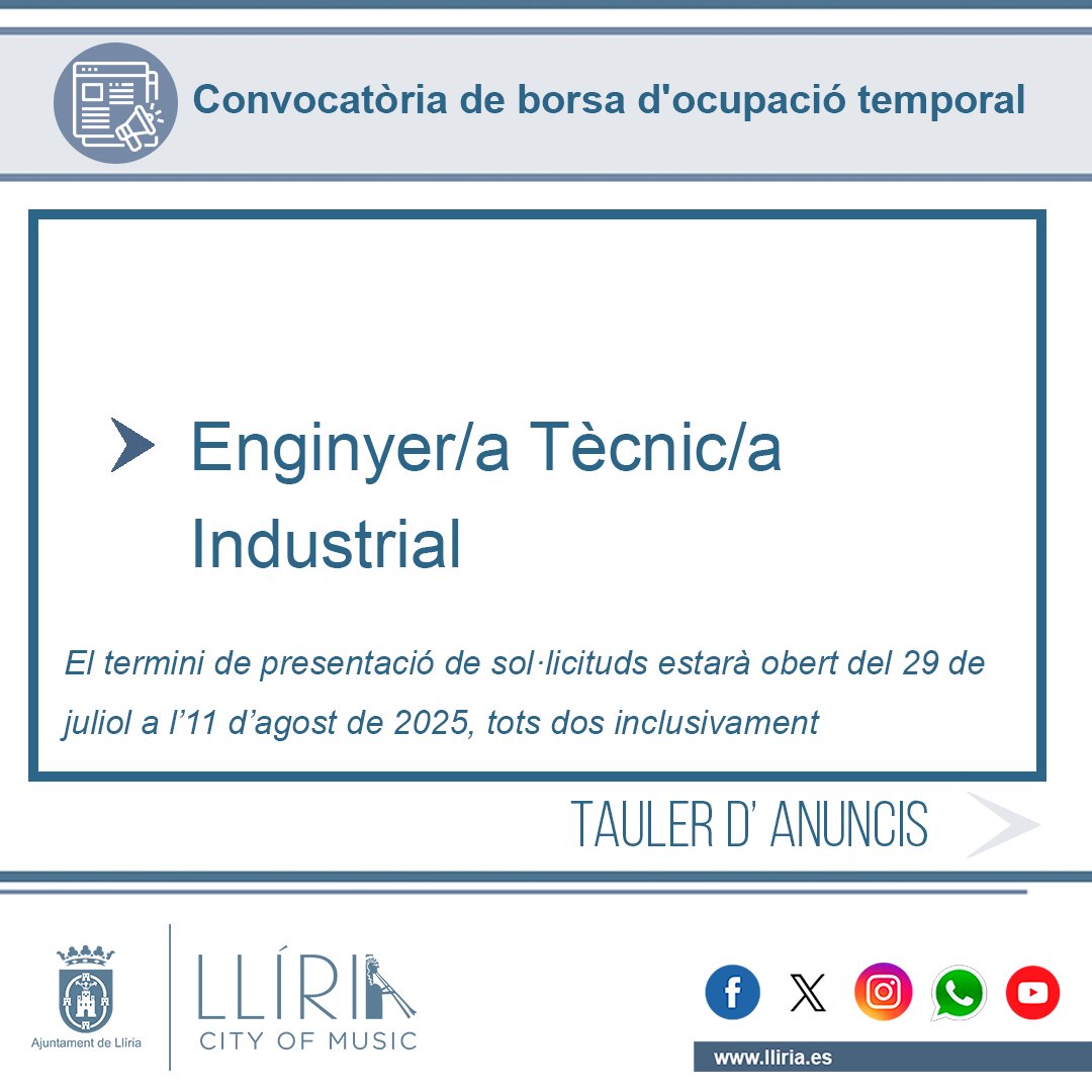 📋 L'Ajuntament de Llíria ha convocat una borsa d'ocupació per a la plaça de Enginyer/a Tècnic/a Industrial. 
📝El termini de presentació d'instàncies estarà obert del 29 de juliol a l'11 d'agost de 2025, els dos inclusivament.
ℹ️ Més info 👉 tinyurl.com/48psw52j