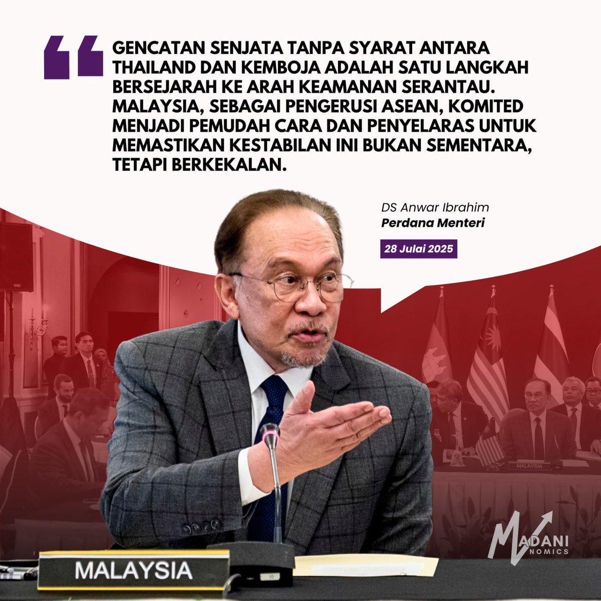 MadaniNomics π²πΎ (@madaninomics) on Twitter photo MNNews π Anwar Tampil Redakan Ketegangan Thailand-Kemboja
Perdana Menteri <a href="/anwaribrahim/">Anwar Ibrahim</a> selaku Pengerusi ASEAN, menjadi hos dan saksi kepada persetujuan gencatan senjata serta-merta tanpa syarat antara Thailand dan Kemboja, satu langkah bersejarah yang dicapai dalam mesyuarat MNNews π Anwar Tampil Redakan Ketegangan Thailand-Kemboja
Perdana Menteri <a href="/anwaribrahim/">Anwar Ibrahim</a> selaku Pengerusi ASEAN, menjadi hos dan saksi kepada persetujuan gencatan senjata serta-merta tanpa syarat antara Thailand dan Kemboja, satu langkah bersejarah yang dicapai dalam mesyuarat